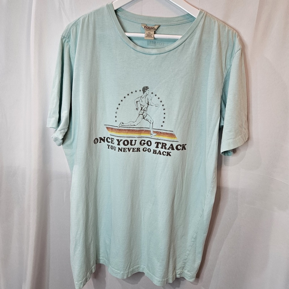 VTG Athletic FOSSIL Tshirt Logo Sz 2X Light Teal 90's Collegiate RARE Graphic